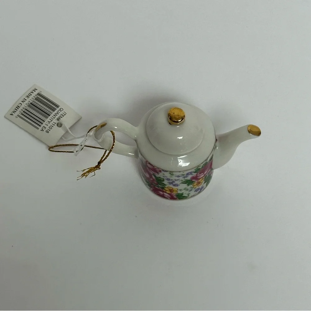 Mini Tea Pot 3” Decorative Floral Design Gold Trim Cottage Core